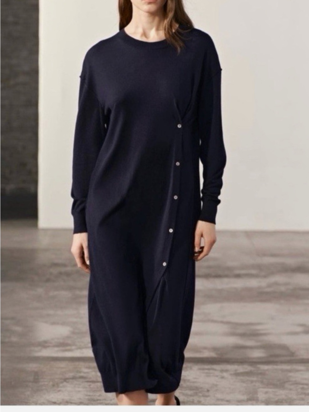 Zara Long Sleeve Navy Button-Accent Knit Dress
